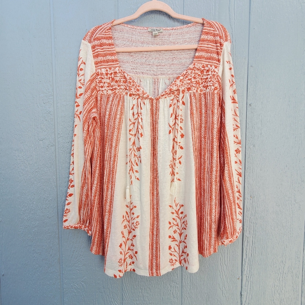 Lucky Brand Boho Paisley Linen Tassle Flowy Top